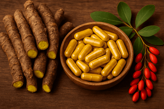 Raíz de berberina recién cosechada, con su color amarillo intenso y textura natural, utilizada en suplementos para controlar el azúcar en sangre.